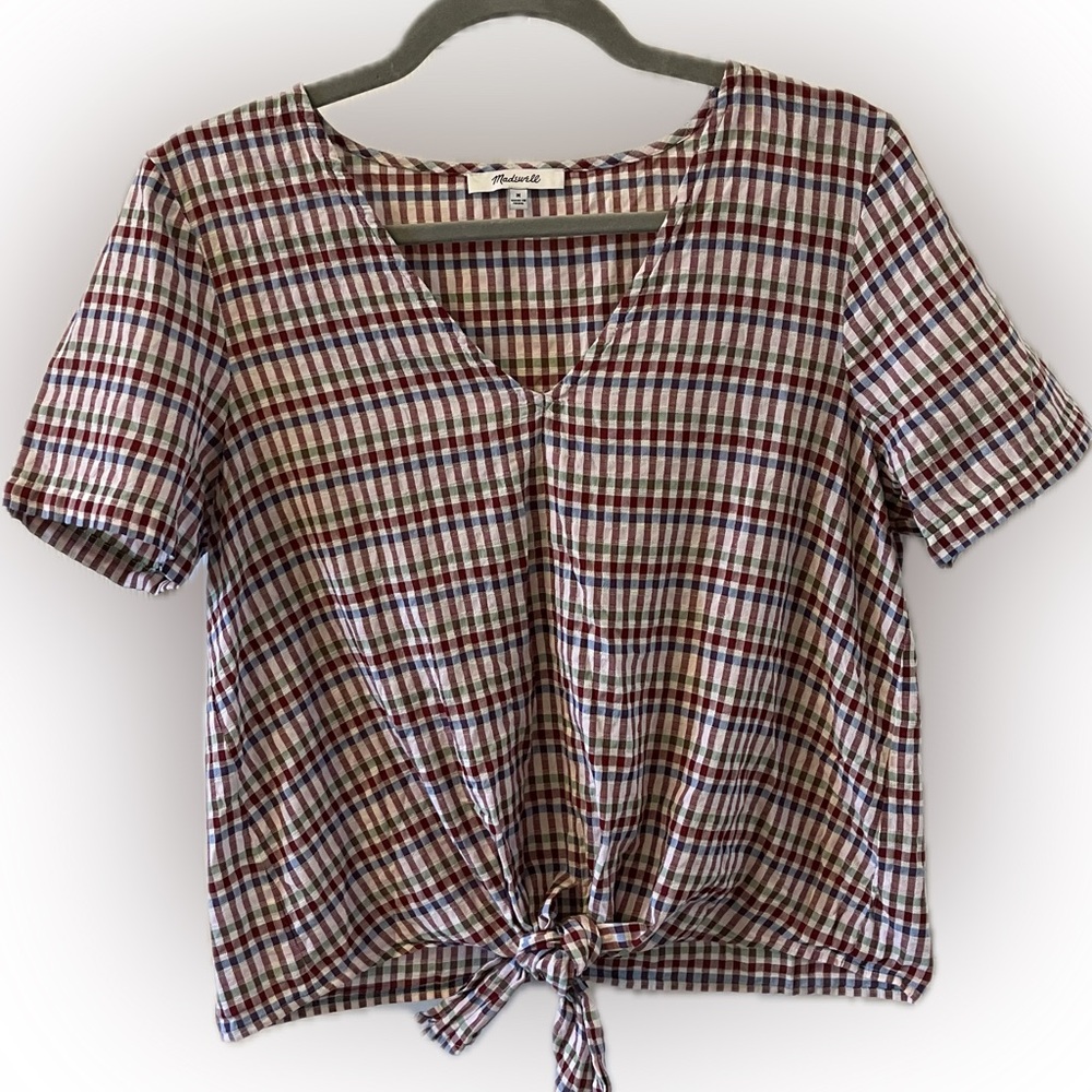 Madewell Multicolor Plaid Tie-Front Blouse, Size Medium